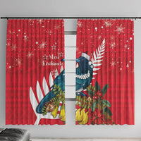 New Zealand Christmas In July Window Curtain Tui Bird With Kowhai Meri Kirihimete LT14 With Hooks Red - Polynesian Pride