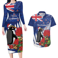 New Zealand Christmas In July Couples Matching Long Sleeve Bodycon Dress and Hawaiian Shirt Fiordland Penguin With Pohutukawa Flower LT14 Blue - Polynesian Pride
