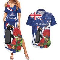 New Zealand Christmas In July Couples Matching Summer Maxi Dress and Hawaiian Shirt Fiordland Penguin With Pohutukawa Flower LT14 Blue - Polynesian Pride