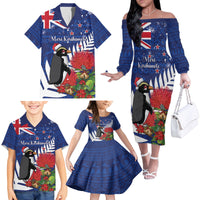 New Zealand Christmas In July Family Matching Off The Shoulder Long Sleeve Dress and Hawaiian Shirt Fiordland Penguin With Pohutukawa Flower LT14 - Polynesian Pride
