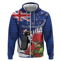 New Zealand Christmas In July Hoodie Fiordland Penguin With Pohutukawa Flower LT14 Zip Hoodie Blue - Polynesian Pride