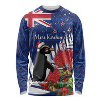 New Zealand Christmas In July Long Sleeve Shirt Fiordland Penguin With Pohutukawa Flower LT14 Unisex Blue - Polynesian Pride