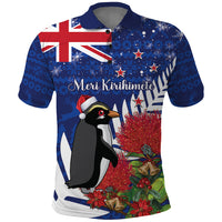 New Zealand Christmas In July Polo Shirt Fiordland Penguin With Pohutukawa Flower LT14 Blue - Polynesian Pride