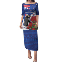 New Zealand Christmas In July Puletasi Fiordland Penguin With Pohutukawa Flower LT14 Long Dress Blue - Polynesian Pride