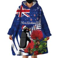 New Zealand Christmas In July Wearable Blanket Hoodie Fiordland Penguin With Pohutukawa Flower LT14 - Polynesian Pride