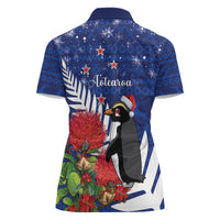 New Zealand Christmas In July Women Polo Shirt Fiordland Penguin With Pohutukawa Flower LT14 - Polynesian Pride