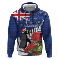 New Zealand Christmas In July Zip Hoodie Fiordland Penguin With Pohutukawa Flower LT14 Pullover Hoodie Blue - Polynesian Pride