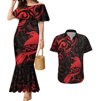 New Zealand Tui Bird Couples Matching Mermaid Dress and Hawaiian Shirt Aotearoa Maori Pattern - Red LT14 Red - Polynesian Pride