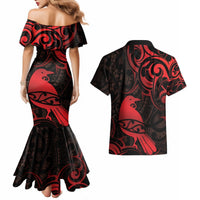 New Zealand Tui Bird Couples Matching Mermaid Dress and Hawaiian Shirt Aotearoa Maori Pattern - Red LT14 - Polynesian Pride