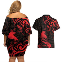 New Zealand Tui Bird Couples Matching Off Shoulder Short Dress and Hawaiian Shirt Aotearoa Maori Pattern - Red