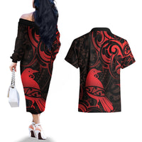 New Zealand Tui Bird Couples Matching Off The Shoulder Long Sleeve Dress and Hawaiian Shirt Aotearoa Maori Pattern - Red LT14 - Polynesian Pride