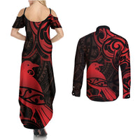 New Zealand Tui Bird Couples Matching Summer Maxi Dress and Long Sleeve Button Shirt Aotearoa Maori Pattern - Red