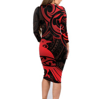 New Zealand Tui Bird Family Matching Long Sleeve Bodycon Dress and Hawaiian Shirt Aotearoa Maori Pattern - Red LT14 - Polynesian Pride