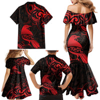 New Zealand Tui Bird Family Matching Mermaid Dress and Hawaiian Shirt Aotearoa Maori Pattern - Red LT14 - Polynesian Pride