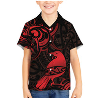 New Zealand Tui Bird Family Matching Mermaid Dress and Hawaiian Shirt Aotearoa Maori Pattern - Red LT14 Son's Shirt Red - Polynesian Pride