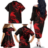 New Zealand Tui Bird Family Matching Off The Shoulder Long Sleeve Dress and Hawaiian Shirt Aotearoa Maori Pattern - Red LT14 - Polynesian Pride