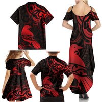 New Zealand Tui Bird Family Matching Summer Maxi Dress and Hawaiian Shirt Aotearoa Maori Pattern - Red LT14 - Polynesian Pride