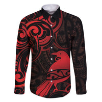 New Zealand Tui Bird Family Matching Summer Maxi Dress and Hawaiian Shirt Aotearoa Maori Pattern - Red LT14 Dad's Shirt - Long Sleeve Red - Polynesian Pride