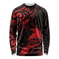 New Zealand Tui Bird Long Sleeve Shirt Aotearoa Maori Pattern - Red