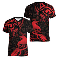 New Zealand Tui Bird Women V-Neck T-Shirt Aotearoa Maori Pattern - Red