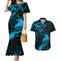 New Zealand Tui Bird Couples Matching Mermaid Dress and Hawaiian Shirt Aotearoa Maori Pattern - Blue LT14 Blue - Polynesian Pride