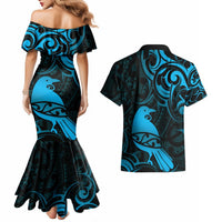 New Zealand Tui Bird Couples Matching Mermaid Dress and Hawaiian Shirt Aotearoa Maori Pattern - Blue LT14 - Polynesian Pride