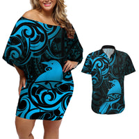 New Zealand Tui Bird Couples Matching Off Shoulder Short Dress and Hawaiian Shirt Aotearoa Maori Pattern - Blue