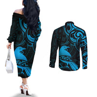 New Zealand Tui Bird Couples Matching Off The Shoulder Long Sleeve Dress and Long Sleeve Button Shirt Aotearoa Maori Pattern - Blue