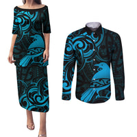 New Zealand Tui Bird Couples Matching Puletasi and Long Sleeve Button Shirt Aotearoa Maori Pattern - Blue