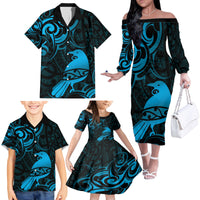 New Zealand Tui Bird Family Matching Off The Shoulder Long Sleeve Dress and Hawaiian Shirt Aotearoa Maori Pattern - Blue LT14 - Polynesian Pride