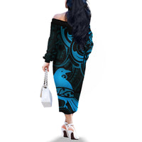 New Zealand Tui Bird Family Matching Off The Shoulder Long Sleeve Dress and Hawaiian Shirt Aotearoa Maori Pattern - Blue LT14 - Polynesian Pride