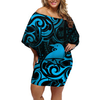 New Zealand Tui Bird Family Matching Off Shoulder Short Dress and Hawaiian Shirt Aotearoa Maori Pattern - Blue LT14 Mom's Dress Blue - Polynesian Pride