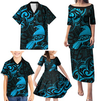 New Zealand Tui Bird Family Matching Puletasi and Hawaiian Shirt Aotearoa Maori Pattern - Blue LT14 - Polynesian Pride