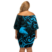 New Zealand Tui Bird Off Shoulder Short Dress Aotearoa Maori Pattern - Blue LT14 - Polynesian Pride