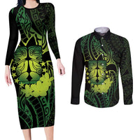 Kia Orana Kuki Airani Couples Matching Long Sleeve Bodycon Dress and Long Sleeve Button Shirt Cook Islands Tangaroa God Tatau Green LT14 Green - Polynesian Pride