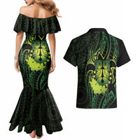 Kia Orana Kuki Airani Couples Matching Mermaid Dress and Hawaiian Shirt Cook Islands Tangaroa God Tatau Green LT14 - Polynesian Pride
