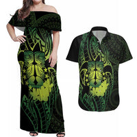 Kia Orana Kuki Airani Couples Matching Off Shoulder Maxi Dress and Hawaiian Shirt Cook Islands Tangaroa God Tatau Green LT14 Green - Polynesian Pride