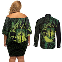 Kia Orana Kuki Airani Couples Matching Off Shoulder Short Dress and Long Sleeve Button Shirt Cook Islands Tangaroa God Tatau Green LT14 - Polynesian Pride