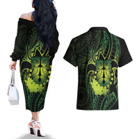 Kia Orana Kuki Airani Couples Matching Off The Shoulder Long Sleeve Dress and Hawaiian Shirt Cook Islands Tangaroa God Tatau Green LT14 - Polynesian Pride