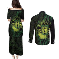 Kia Orana Kuki Airani Couples Matching Puletasi and Long Sleeve Button Shirt Cook Islands Tangaroa God Tatau Green LT14 - Polynesian Pride