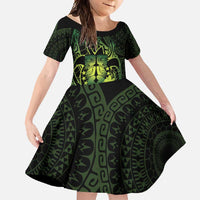 Kia Orana Kuki Airani Family Matching Off Shoulder Maxi Dress and Hawaiian Shirt Cook Islands Tangaroa God Tatau Green LT14 Daughter's Dress Green - Polynesian Pride