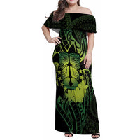 Kia Orana Kuki Airani Family Matching Off Shoulder Maxi Dress and Hawaiian Shirt Cook Islands Tangaroa God Tatau Green LT14 Mom's Dress Green - Polynesian Pride