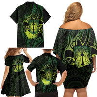 Kia Orana Kuki Airani Family Matching Off Shoulder Short Dress and Hawaiian Shirt Cook Islands Tangaroa God Tatau Green LT14 - Polynesian Pride