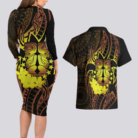 Kia Orana Kuki Airani Couples Matching Long Sleeve Bodycon Dress and Hawaiian Shirt Cook Islands Tangaroa God Tatau Gold LT14 - Polynesian Pride