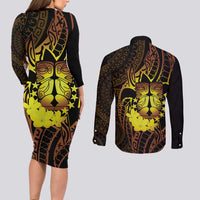Kia Orana Kuki Airani Couples Matching Long Sleeve Bodycon Dress and Long Sleeve Button Shirt Cook Islands Tangaroa God Tatau Gold LT14 - Polynesian Pride