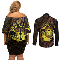 Kia Orana Kuki Airani Couples Matching Off Shoulder Short Dress and Long Sleeve Button Shirt Cook Islands Tangaroa God Tatau Gold LT14 - Polynesian Pride