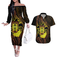 Kia Orana Kuki Airani Couples Matching Off The Shoulder Long Sleeve Dress and Hawaiian Shirt Cook Islands Tangaroa God Tatau Gold LT14 Gold - Polynesian Pride