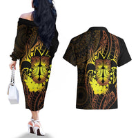 Kia Orana Kuki Airani Couples Matching Off The Shoulder Long Sleeve Dress and Hawaiian Shirt Cook Islands Tangaroa God Tatau Gold LT14 - Polynesian Pride