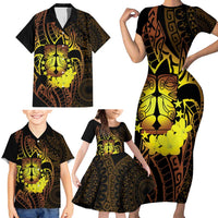 Kia Orana Kuki Airani Family Matching Short Sleeve Bodycon Dress and Hawaiian Shirt Cook Islands Tangaroa God Tatau Gold LT14 - Polynesian Pride