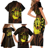 Kia Orana Kuki Airani Family Matching Short Sleeve Bodycon Dress and Hawaiian Shirt Cook Islands Tangaroa God Tatau Gold LT14 - Polynesian Pride